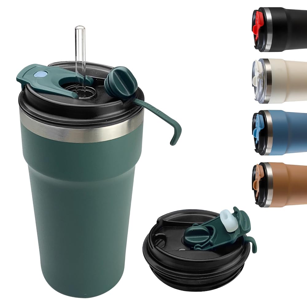 Travel coffee mugs leak-proof, reusable coffee cups with lids, stainless steel vacuum insulated coffee tumblers, thermal insulation cups for men & women keep drinks hot & cold(2nd-Green, 12OZ)