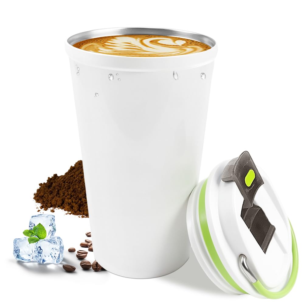 Travel coffee mugs leak-proof, reusable coffee cups with lids, stainless steel vacuum insulated coffee tumblers, thermal insulation cups for men & women keep drinks hot & cold(2nd-Green, 12OZ)