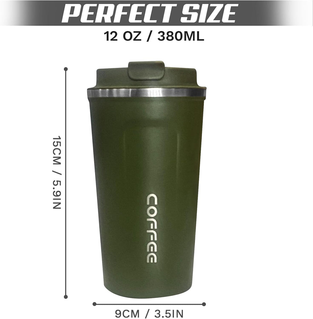Travel coffee mugs leak-proof, reusable coffee cups with lids, stainless steel vacuum insulated coffee tumblers, thermal insulation cups for men & women keep drinks hot & cold(2nd-Green, 12OZ)