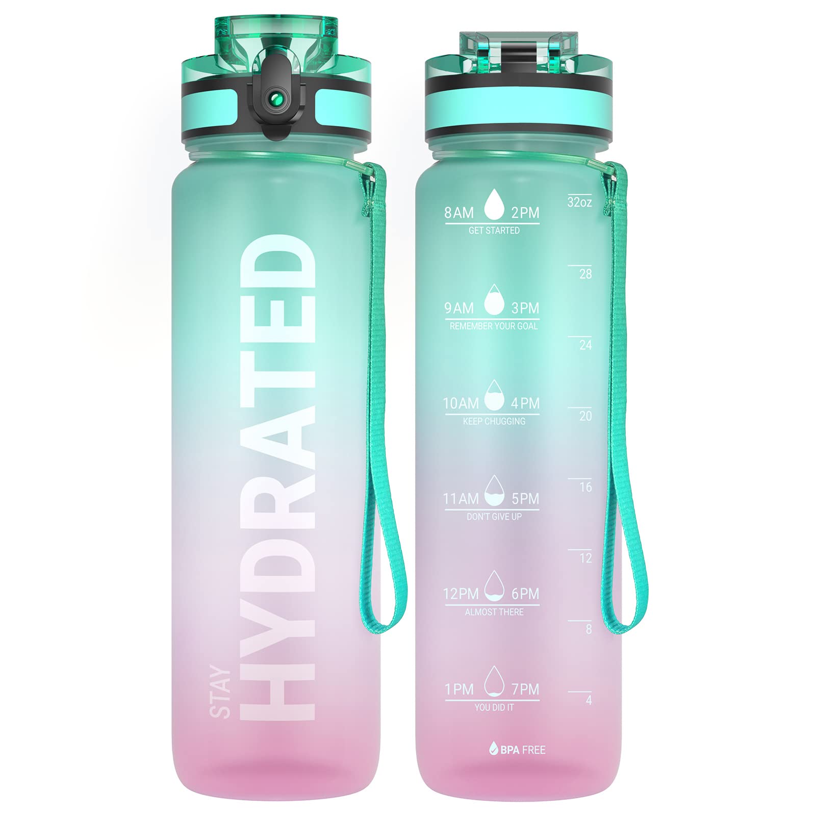 Sahara Sailor Water Bottle 32oz, Durable and Leakproof Water Bottles Motivational with Time Marker, Tritan, BPA Free, Wide Mouth with Easy Clean Brush for Gym, Travel, Home, School, Office (1 Bottle)