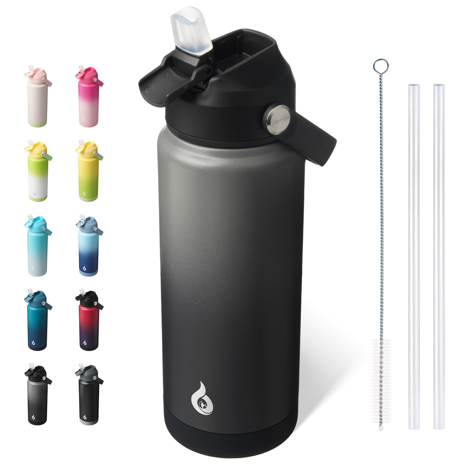 BJPKPK Insulated Water Bottle with Straw Lid, 18oz Thermo Water Bottles, Flex Handle & Non-slip Boot, BPA Free Leak Proof Stainless Steel Metal Thermo, Tumblers, Cups,Black Blue