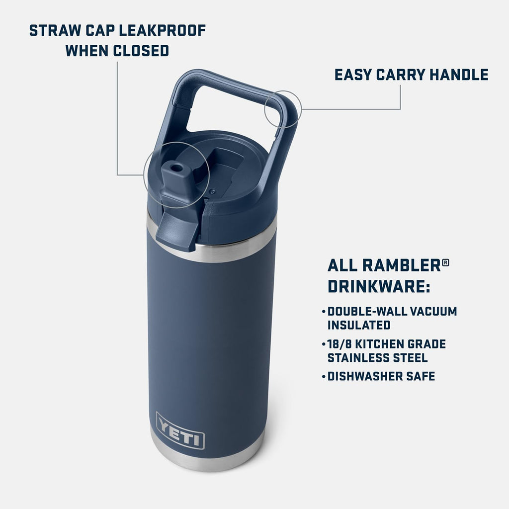 YETI Rambler 18 oz Bottle, Vacuum Insulated, Stainless Steel with Color Matching Straw Cap, Rescue Red