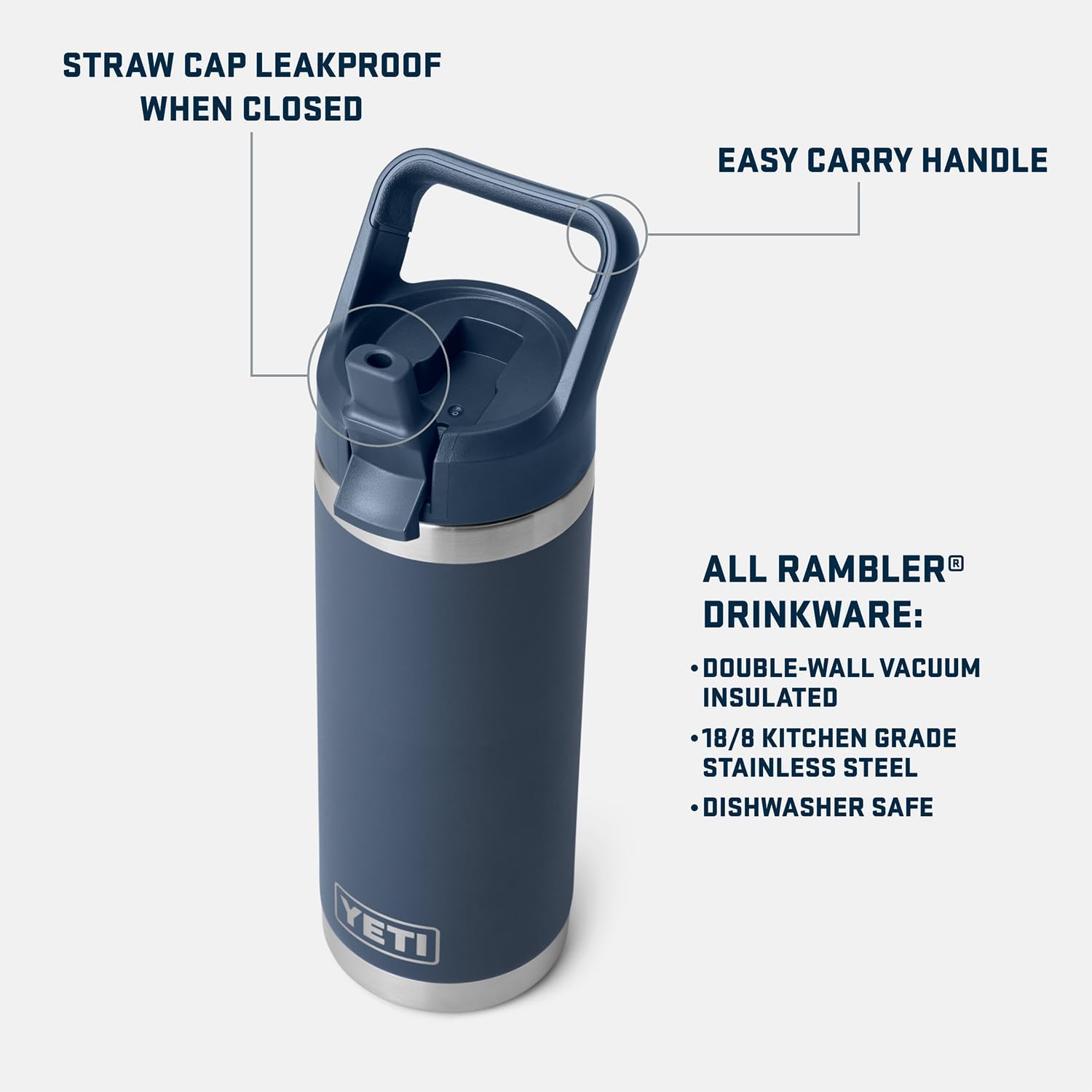 YETI Rambler 18 oz Bottle, Vacuum Insulated, Stainless Steel with Color Matching Straw Cap, Rescue Red