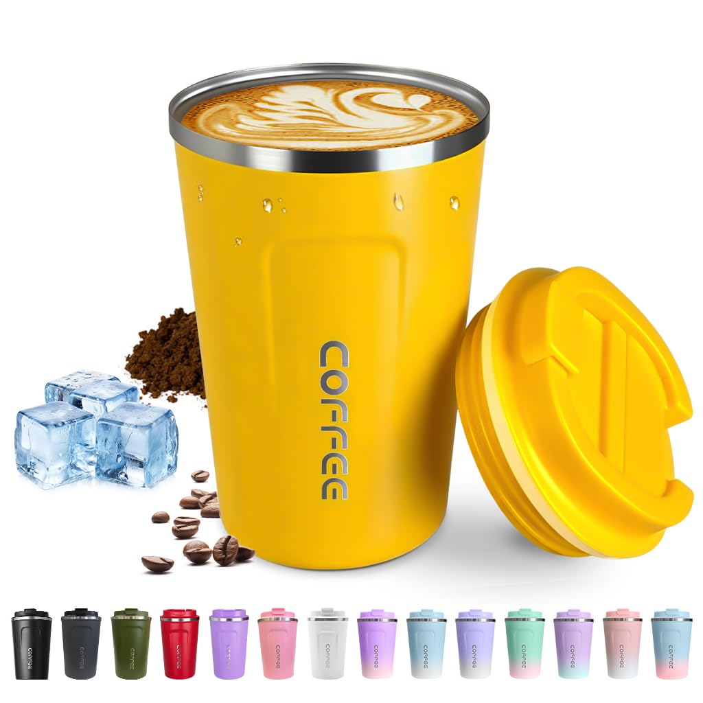 Travel coffee mugs leak-proof, reusable coffee cups with lids, stainless steel vacuum insulated coffee tumblers, thermal insulation cups for men & women keep drinks hot & cold(2nd-Green, 12OZ)