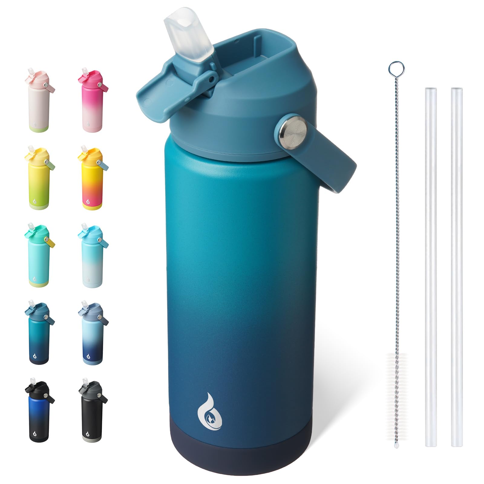 BJPKPK Insulated Water Bottle with Straw Lid, 18oz Thermo Water Bottles, Flex Handle & Non-slip Boot, BPA Free Leak Proof Stainless Steel Metal Thermo, Tumblers, Cups,Black Blue