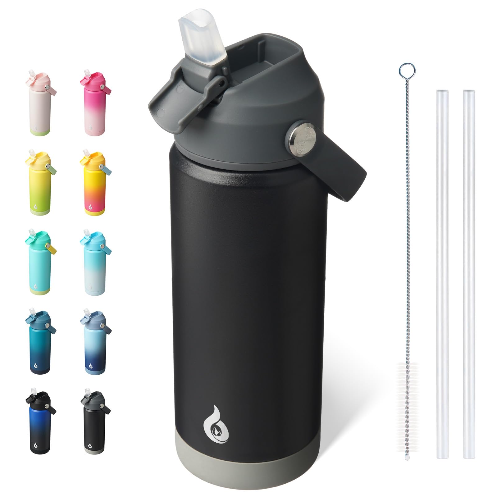 BJPKPK Insulated Water Bottle with Straw Lid, 18oz Thermo Water Bottles, Flex Handle & Non-slip Boot, BPA Free Leak Proof Stainless Steel Metal Thermo, Tumblers, Cups,Black Blue