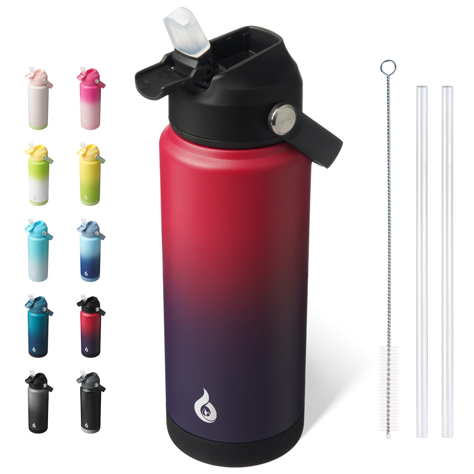 BJPKPK Insulated Water Bottle with Straw Lid, 18oz Thermo Water Bottles, Flex Handle & Non-slip Boot, BPA Free Leak Proof Stainless Steel Metal Thermo, Tumblers, Cups,Black Blue