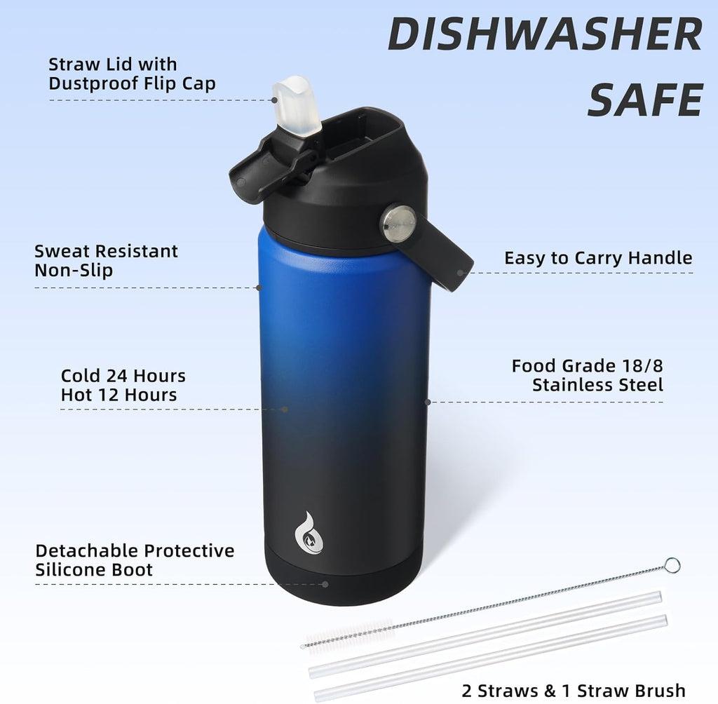 BJPKPK Insulated Water Bottle with Straw Lid, 18oz Thermo Water Bottles, Flex Handle & Non-slip Boot, BPA Free Leak Proof Stainless Steel Metal Thermo, Tumblers, Cups,Black Blue