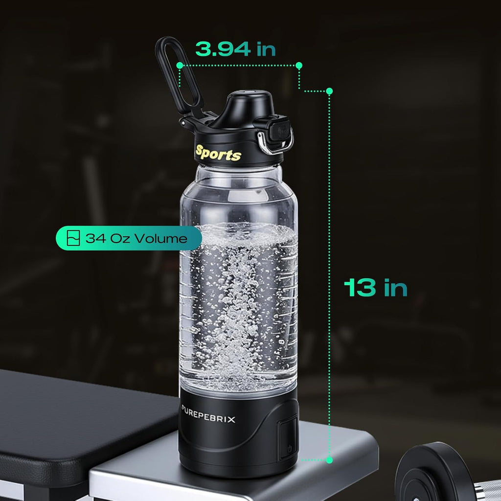 Upgraded Hydrogen Water Bottle Glass Generator - 34oz Borosilicate Glass, SPE/PEM Tech, Leak-Proof Lid, Easy-Carry Handle, Sports-Inspired Design for Home, Office & Travel Hydration