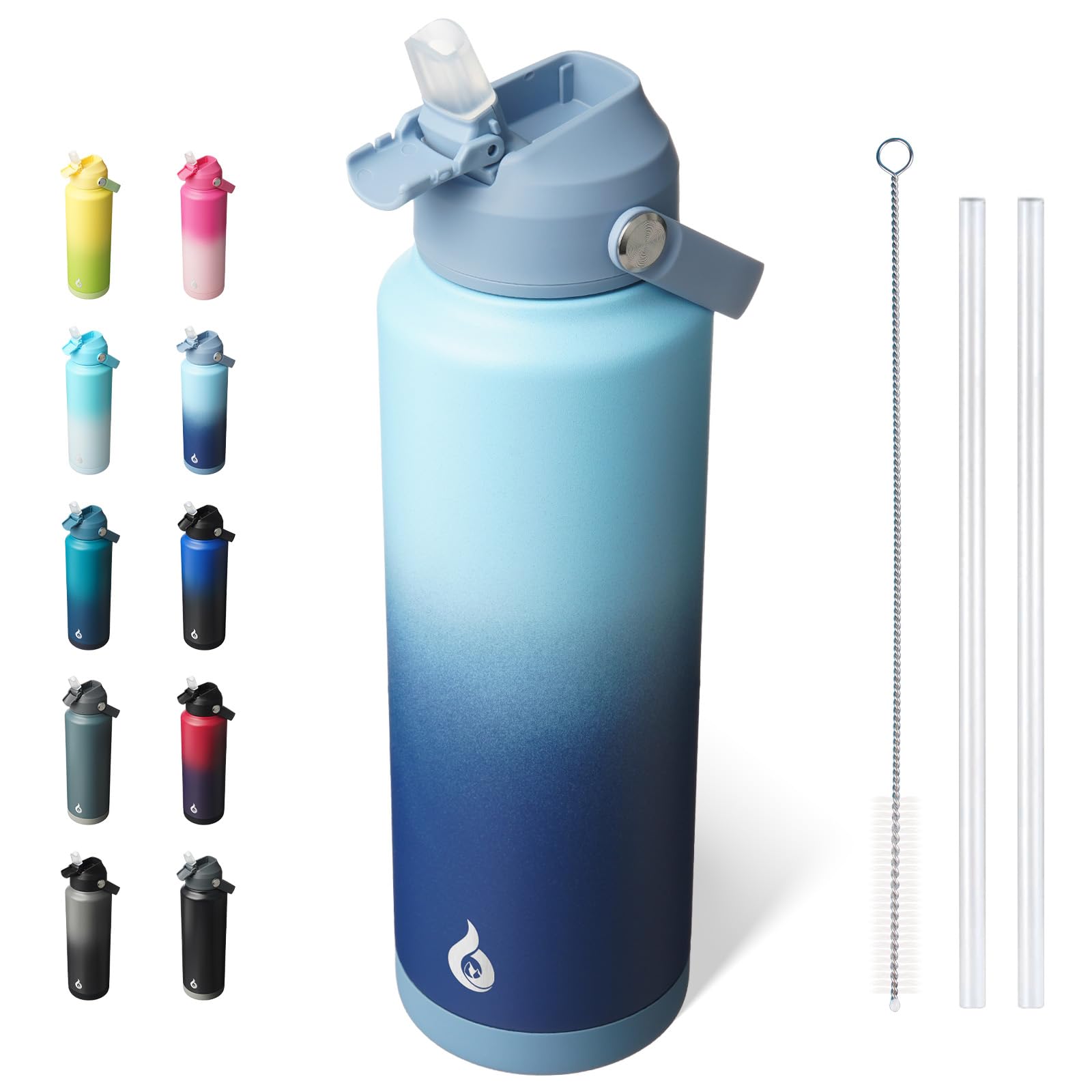 BJPKPK Insulated Water Bottle with Straw Lid, 18oz Thermo Water Bottles, Flex Handle & Non-slip Boot, BPA Free Leak Proof Stainless Steel Metal Thermo, Tumblers, Cups,Black Blue