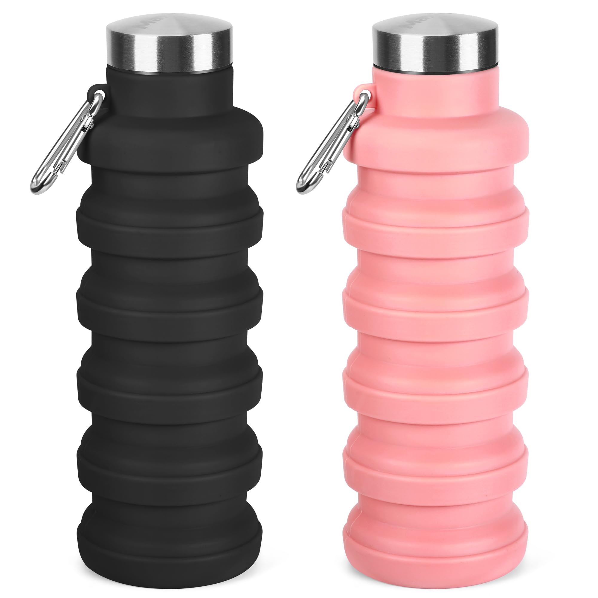 Collapsible Water Bottles 17oz, Portable Leak-Proof Travel Water Bottle, Reusable BPA Free Silicone Foldable Water Bottle with Carabiner for Gym, Traveling, Camping, Hiking, Sports(Black+Blue)