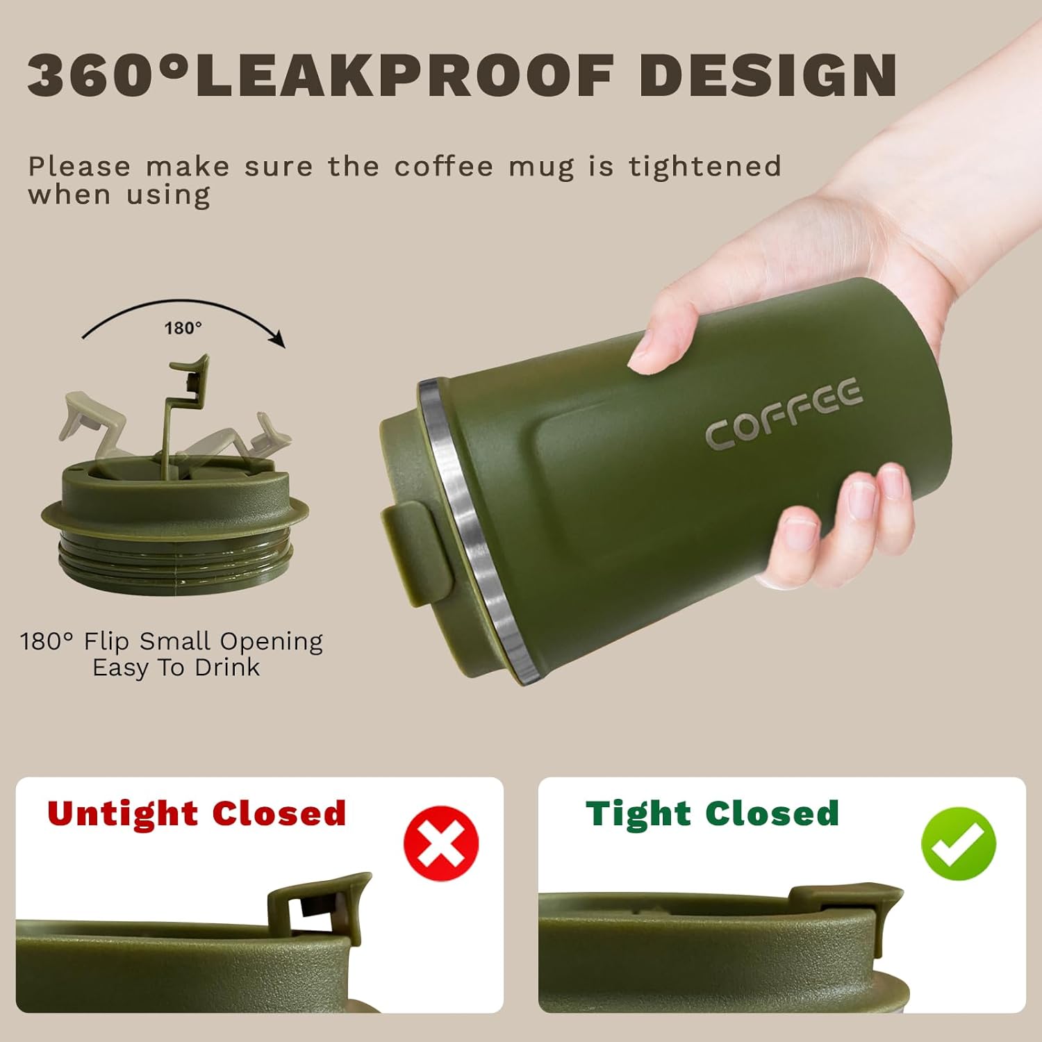 Travel coffee mugs leak-proof, reusable coffee cups with lids, stainless steel vacuum insulated coffee tumblers, thermal insulation cups for men & women keep drinks hot & cold(2nd-Green, 12OZ)
