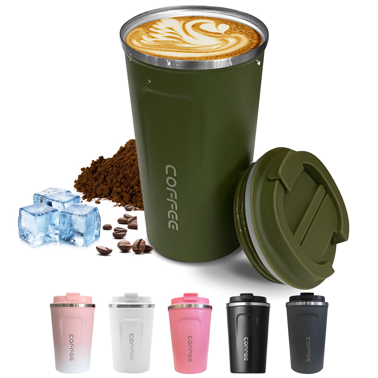 Travel coffee mugs leak-proof, reusable coffee cups with lids, stainless steel vacuum insulated coffee tumblers, thermal insulation cups for men & women keep drinks hot & cold(2nd-Green, 12OZ)