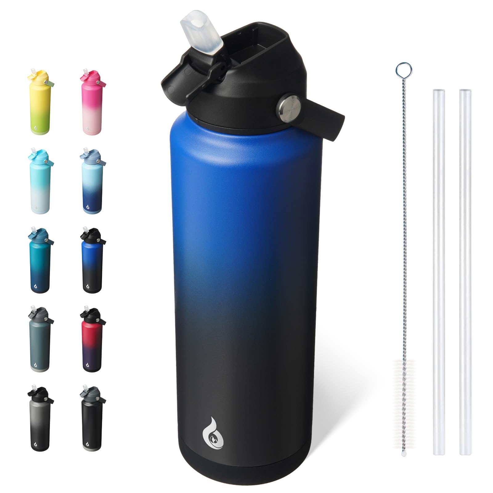BJPKPK Insulated Water Bottle with Straw Lid, 18oz Thermo Water Bottles, Flex Handle & Non-slip Boot, BPA Free Leak Proof Stainless Steel Metal Thermo, Tumblers, Cups,Black Blue