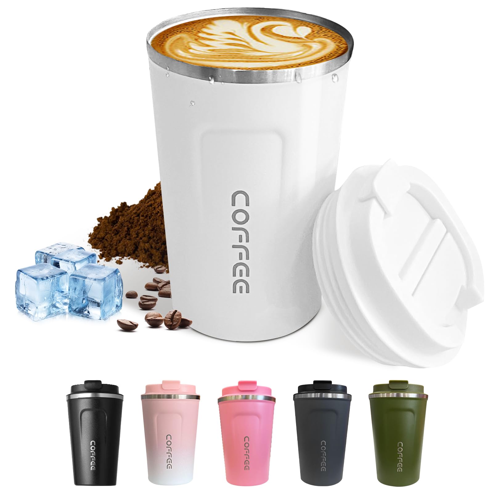 Travel coffee mugs leak-proof, reusable coffee cups with lids, stainless steel vacuum insulated coffee tumblers, thermal insulation cups for men & women keep drinks hot & cold(2nd-Green, 12OZ)