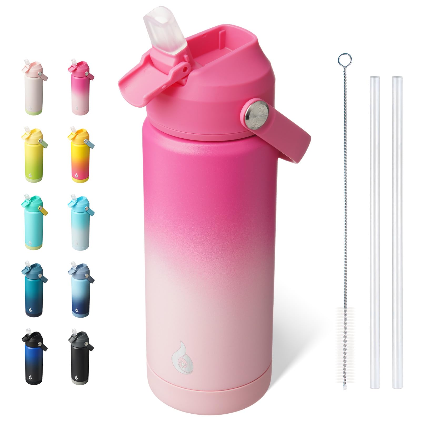 BJPKPK Insulated Water Bottle with Straw Lid, 18oz Thermo Water Bottles, Flex Handle & Non-slip Boot, BPA Free Leak Proof Stainless Steel Metal Thermo, Tumblers, Cups,Black Blue