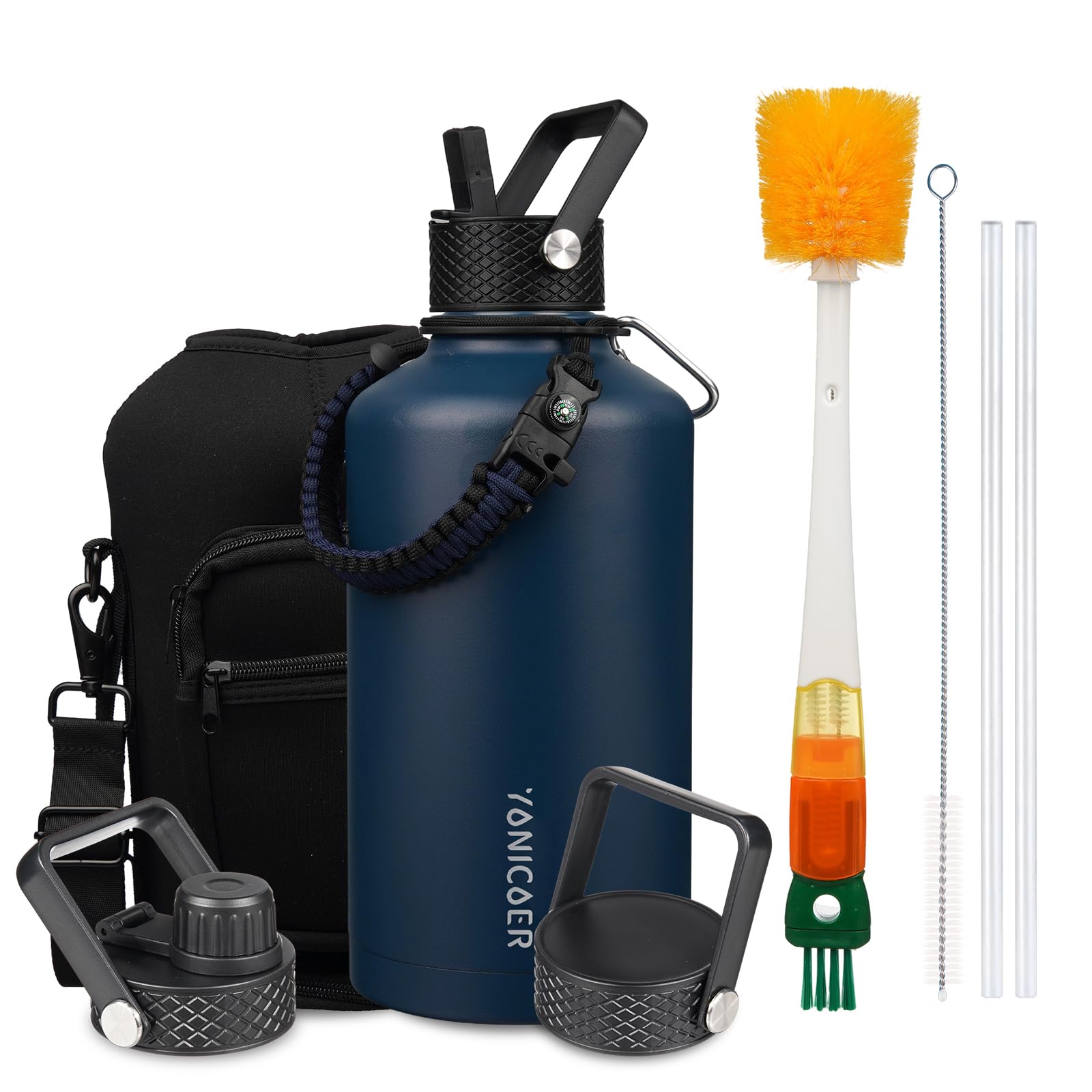 Insulated Water Bottle 128oz,Triple Wall Vacuum Stainless Steel(Dishwasher Safe),Leak Proof & Non-BPA,Flask Jug with Paracord Handle & Straw Spout Lids Sports Green