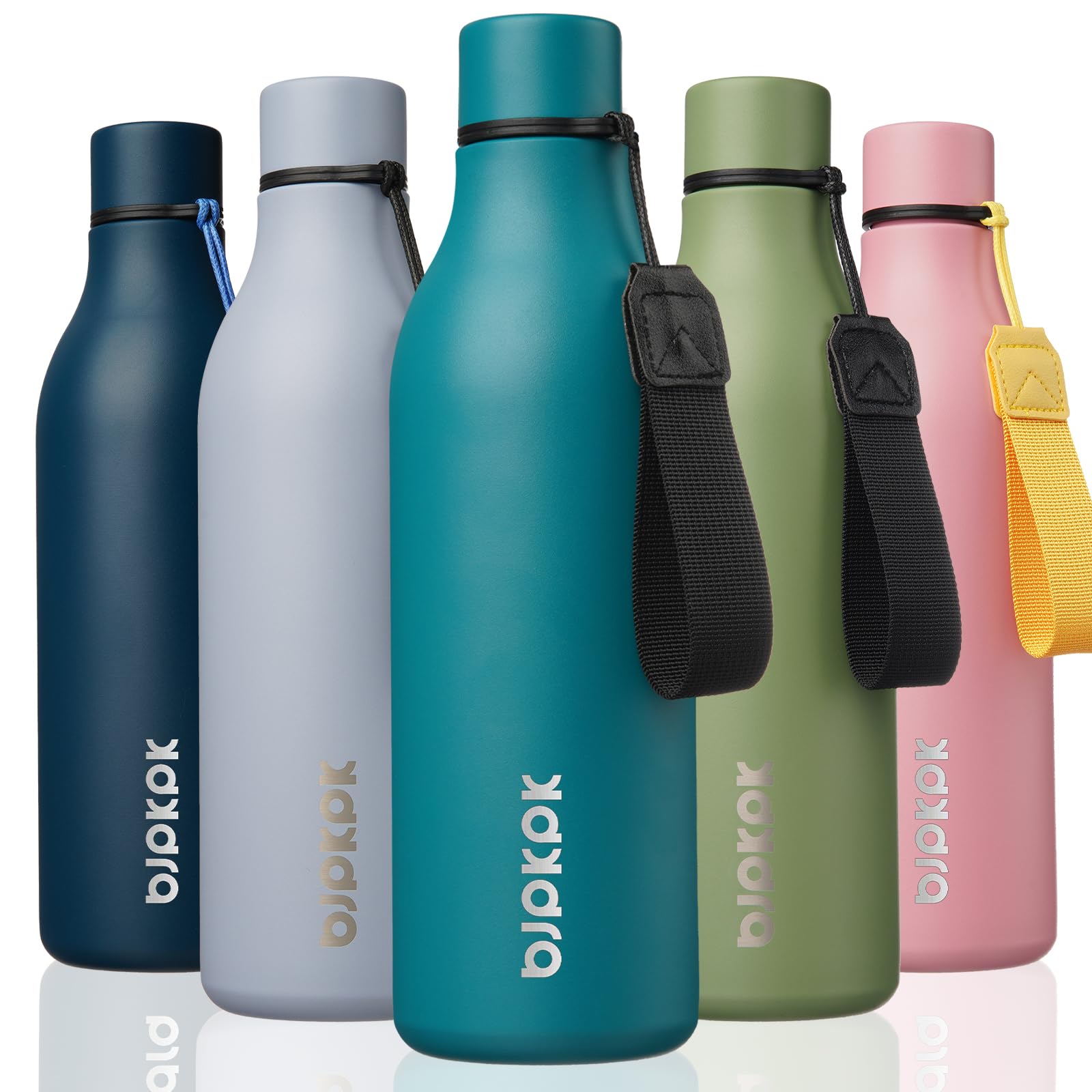 BJPKPK Insulated Water Bottles, 18 oz Stainless Steel Metal Water Bottle with Strap, BPA Free Leak Proof Jugs, Mugs, Flasks, Reusable Thermal Flasks for Sports& Travel, Blossom