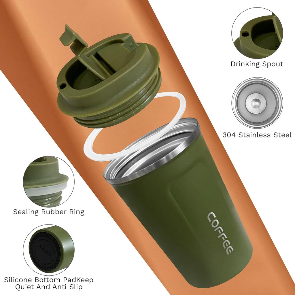 Travel coffee mugs leak-proof, reusable coffee cups with lids, stainless steel vacuum insulated coffee tumblers, thermal insulation cups for men & women keep drinks hot & cold(2nd-Green, 12OZ)