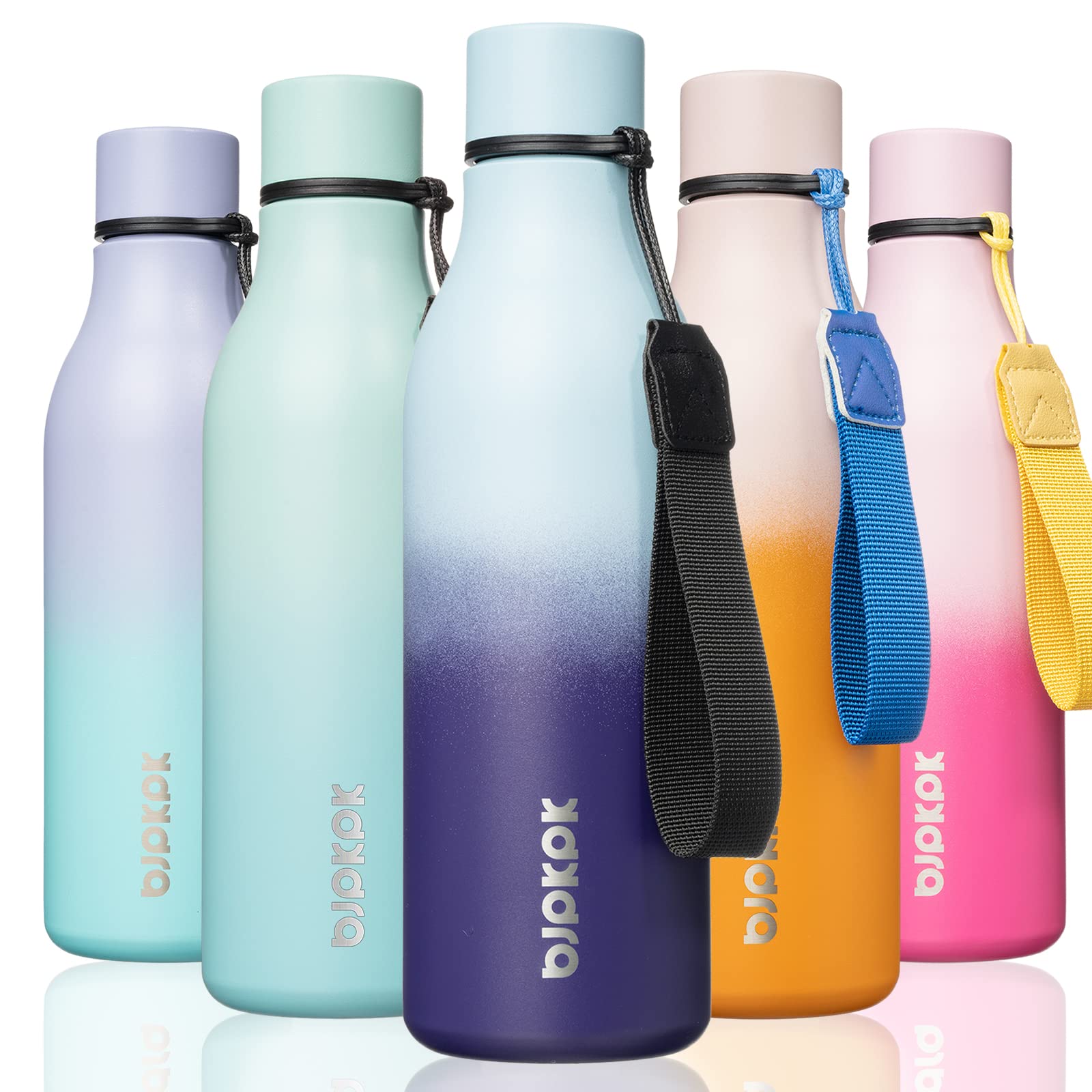 BJPKPK Insulated Water Bottles, 18 oz Stainless Steel Metal Water Bottle with Strap, BPA Free Leak Proof Jugs, Mugs, Flasks, Reusable Thermal Flasks for Sports& Travel, Blossom