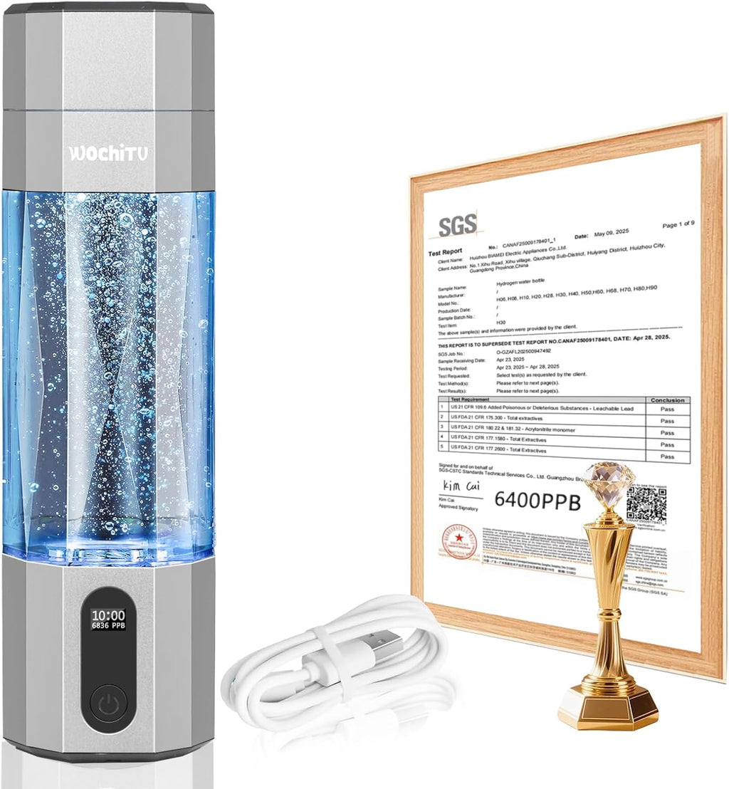 WochiTV Hydrogen Water Bottle Generator, 6400PPB High Concentration Portable Hydrogen Water Machine with SPE/PEM Tech, Water Ionizer & LED Display,7oz Leak-Proof BPA-Free, Gym, Travel, Gifts SLIVER