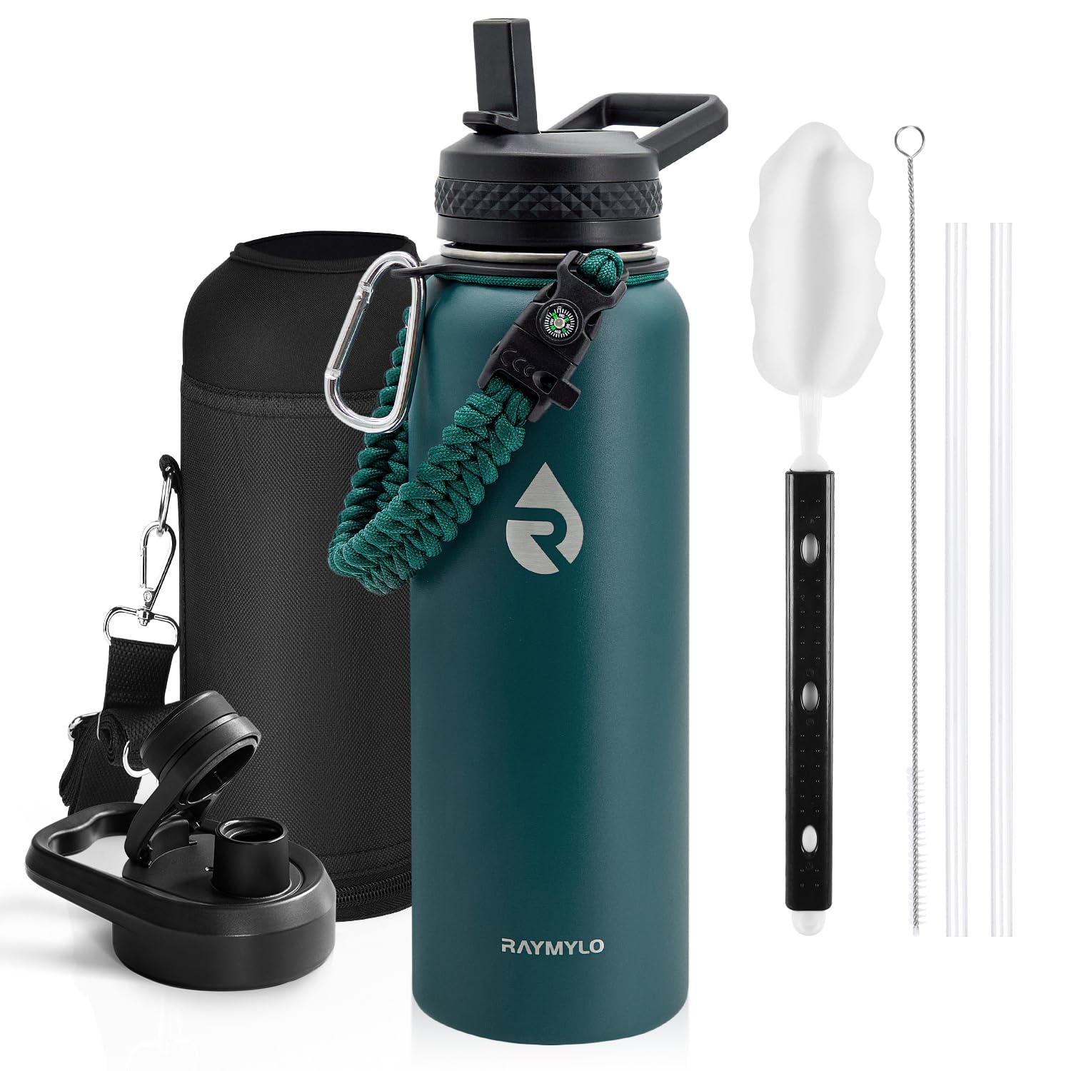 Insulated Water Bottle 64 oz, Triple Wall Vacuum Stainless Steel (Cold for 48 Hrs), Leak Proof & Non-BPA, Half Gallon Water Flask Jug with Paracord Handle & Straw Spout Lids