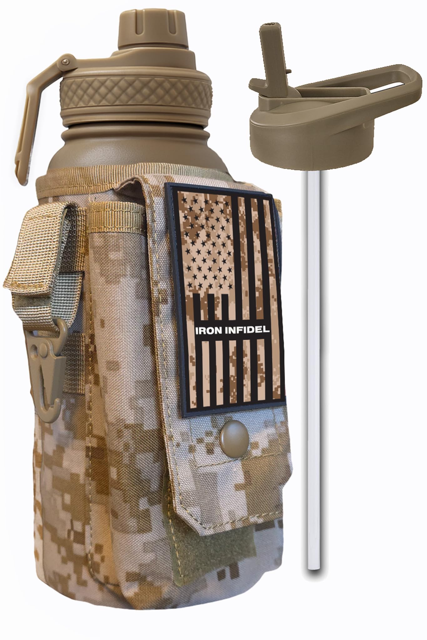 Iron Infidel Battle Bottle - One Gallon Insulated Water Bottle with Dual Carry Handles - 128 oz Tactical Stainless Steel Water Jug & Rugged Extra Large Sleeve With Storage (OCP Camo 128 Ounces)