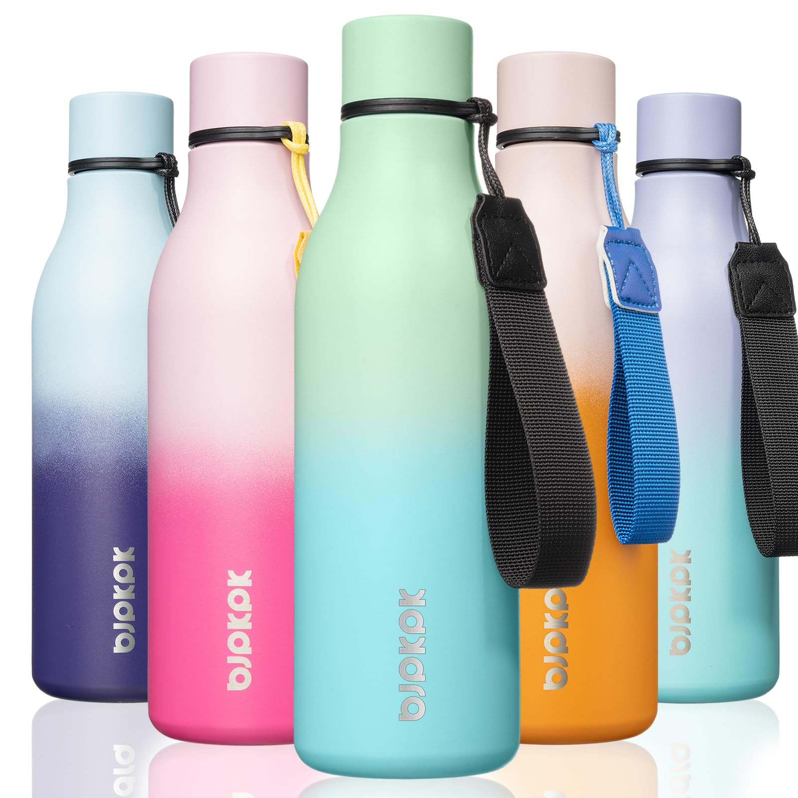 BJPKPK Insulated Water Bottles, 18 oz Stainless Steel Metal Water Bottle with Strap, BPA Free Leak Proof Jugs, Mugs, Flasks, Reusable Thermal Flasks for Sports& Travel, Blossom