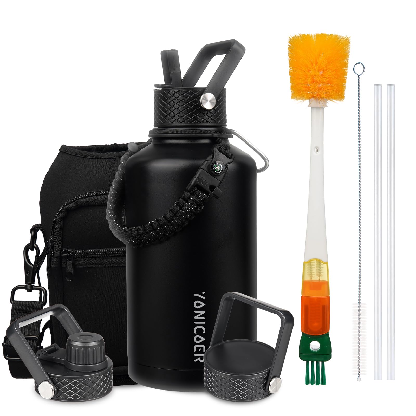 Insulated Water Bottle 128oz,Triple Wall Vacuum Stainless Steel(Dishwasher Safe),Leak Proof & Non-BPA,Flask Jug with Paracord Handle & Straw Spout Lids Sports Green