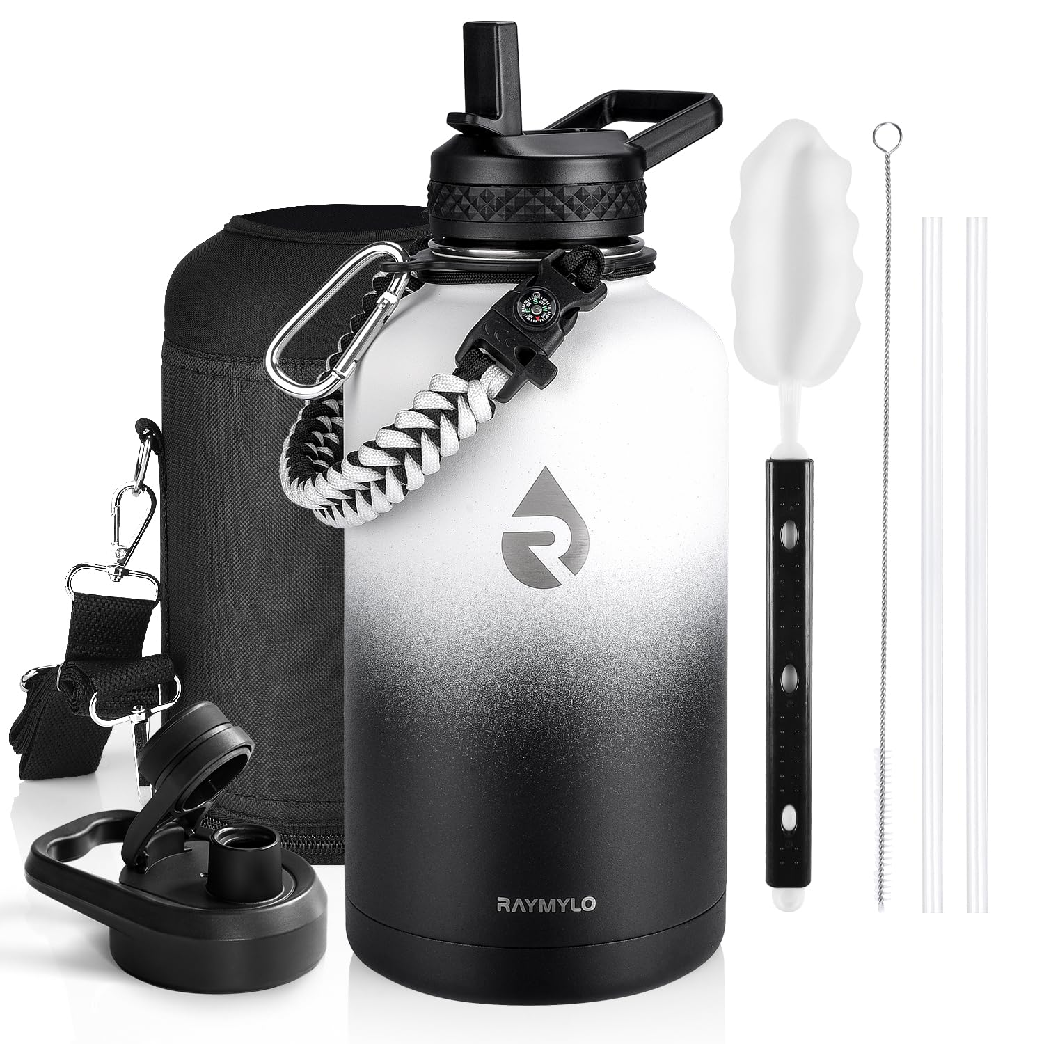 Insulated Water Bottle 64 oz, Triple Wall Vacuum Stainless Steel (Cold for 48 Hrs), Leak Proof & Non-BPA, Half Gallon Water Flask Jug with Paracord Handle & Straw Spout Lids