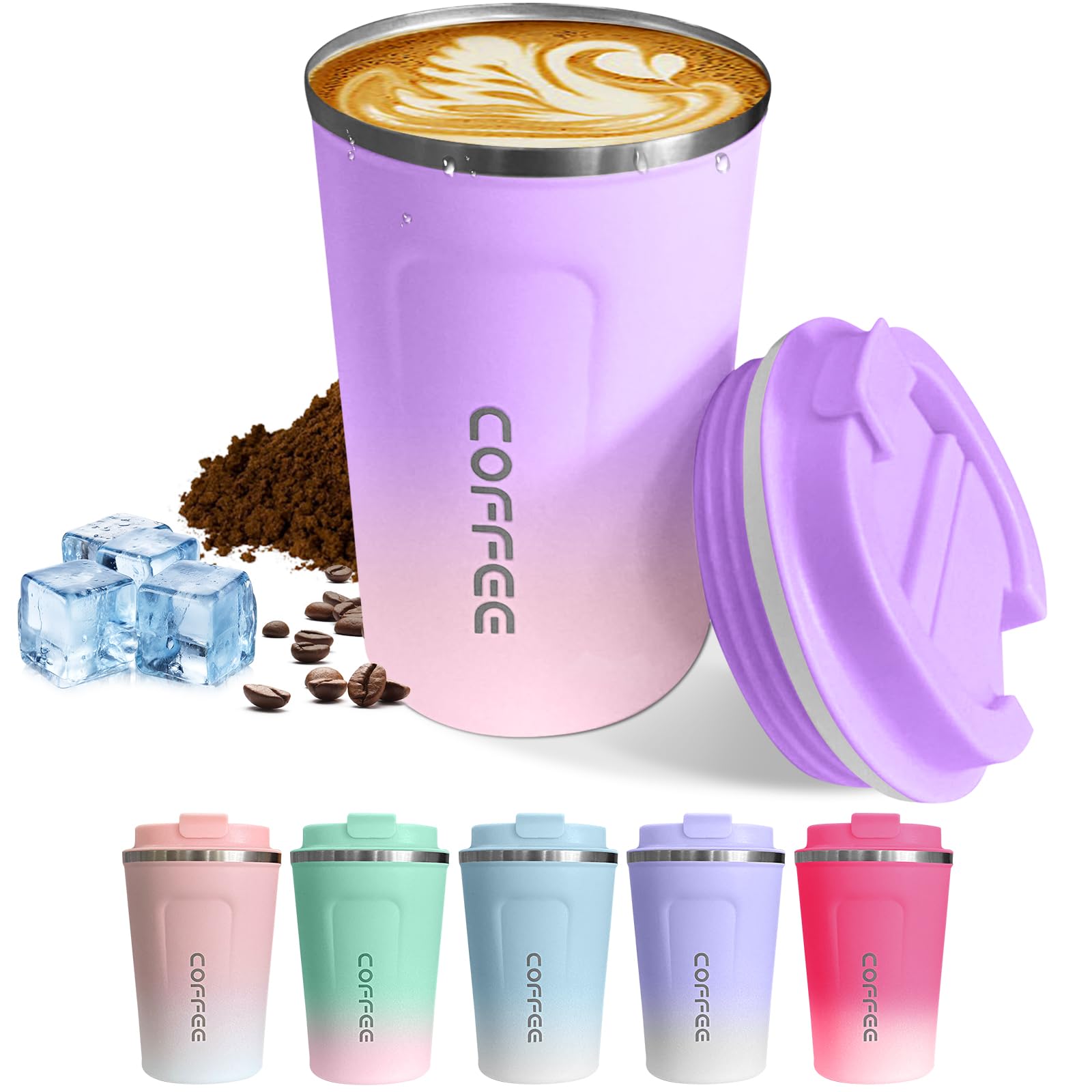 Travel coffee mugs leak-proof, reusable coffee cups with lids, stainless steel vacuum insulated coffee tumblers, thermal insulation cups for men & women keep drinks hot & cold(2nd-Green, 12OZ)