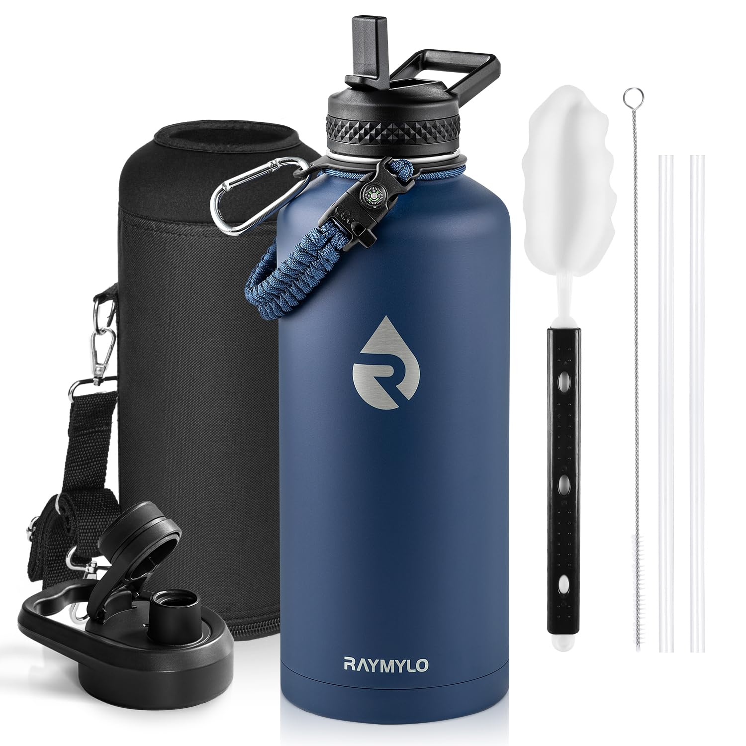 Insulated Water Bottle 64 oz, Triple Wall Vacuum Stainless Steel (Cold for 48 Hrs), Leak Proof & Non-BPA, Half Gallon Water Flask Jug with Paracord Handle & Straw Spout Lids