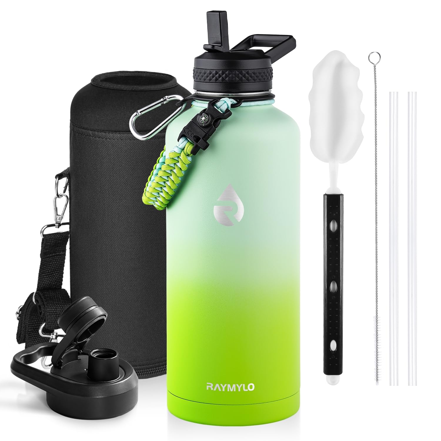 Insulated Water Bottle 64 oz, Triple Wall Vacuum Stainless Steel (Cold for 48 Hrs), Leak Proof & Non-BPA, Half Gallon Water Flask Jug with Paracord Handle & Straw Spout Lids