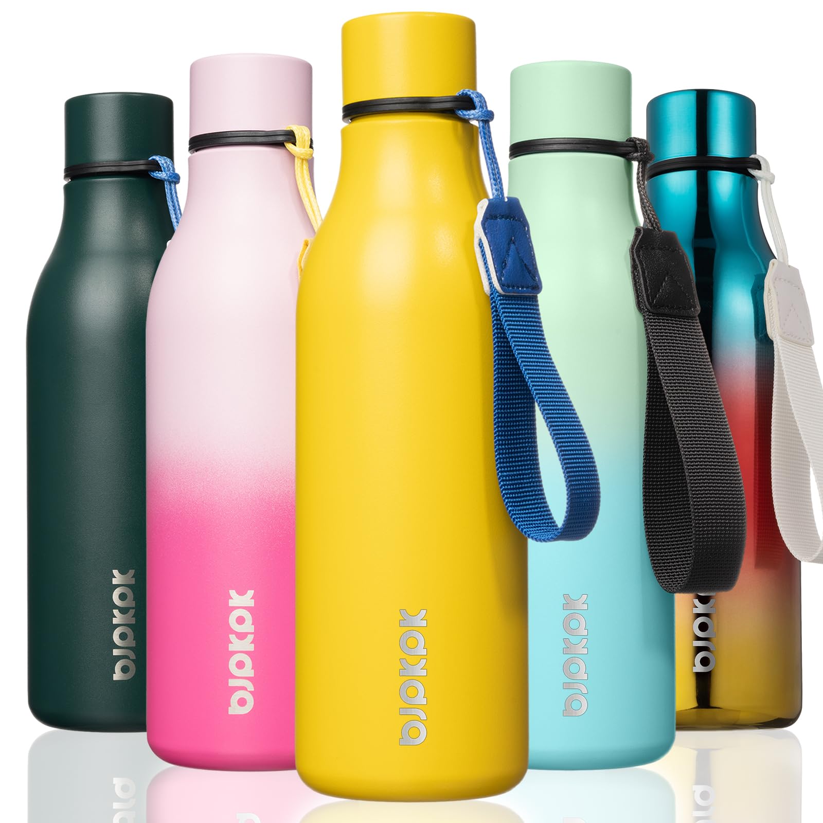 BJPKPK Insulated Water Bottles, 18 oz Stainless Steel Metal Water Bottle with Strap, BPA Free Leak Proof Jugs, Mugs, Flasks, Reusable Thermal Flasks for Sports& Travel, Blossom