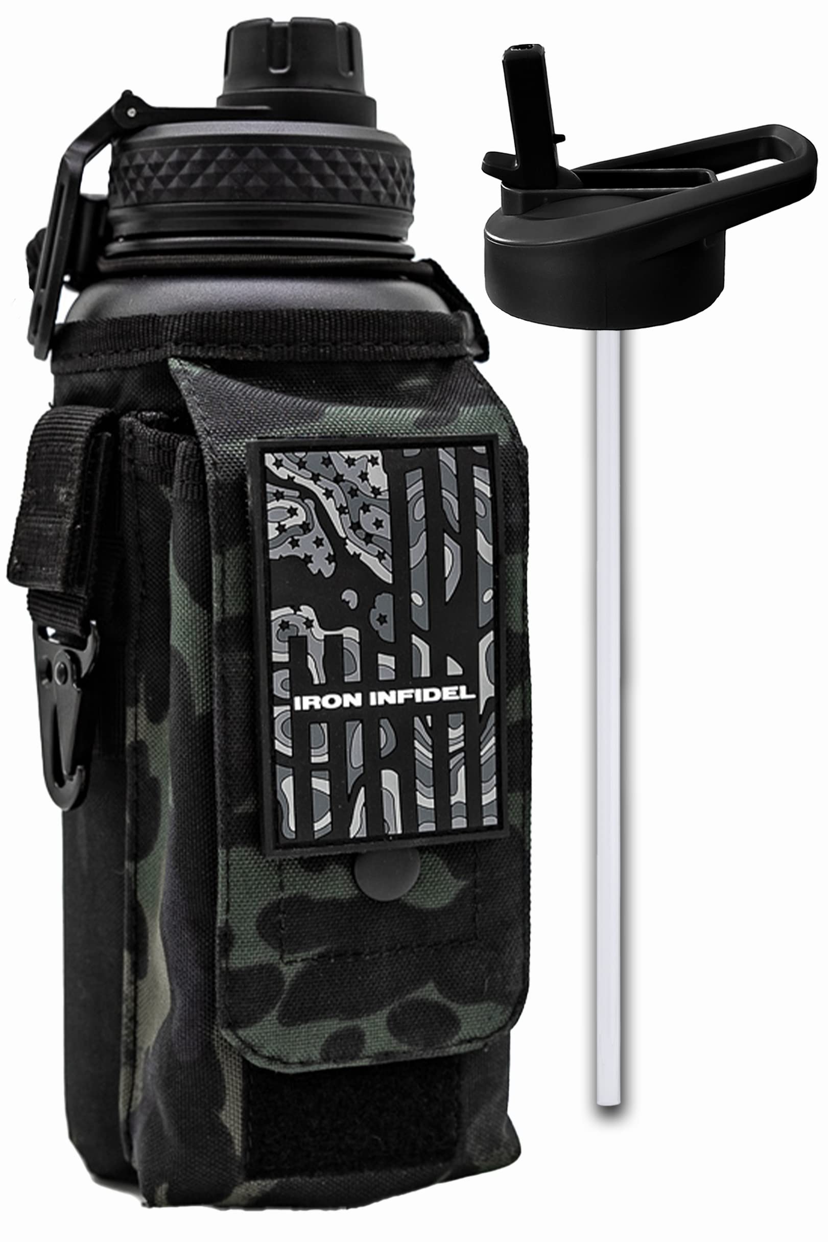 Iron Infidel Battle Bottle - One Gallon Insulated Water Bottle with Dual Carry Handles - 128 oz Tactical Stainless Steel Water Jug & Rugged Extra Large Sleeve With Storage (OCP Camo 128 Ounces)
