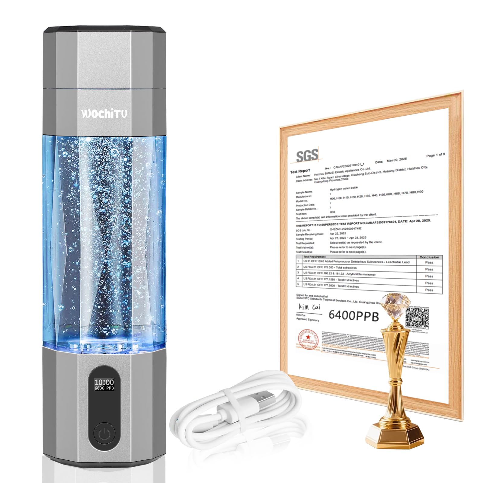 WochiTV Hydrogen Water Bottle Generator, 6400PPB High Concentration Portable Hydrogen Water Machine with SPE/PEM Tech, Water Ionizer & LED Display,7oz Leak-Proof BPA-Free, Gym, Travel, Gifts SLIVER
