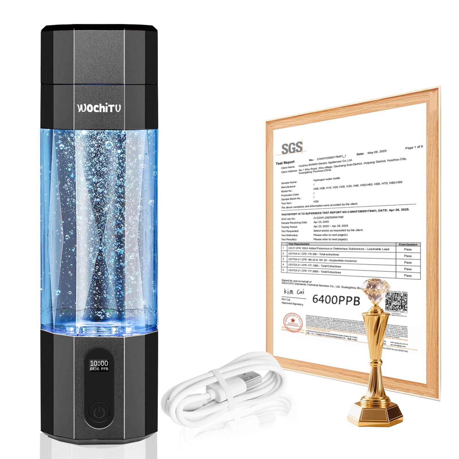 WochiTV Hydrogen Water Bottle Generator, 6400PPB High Concentration Portable Hydrogen Water Machine with SPE/PEM Tech, Water Ionizer & LED Display,7oz Leak-Proof BPA-Free, Gym, Travel, Gifts SLIVER