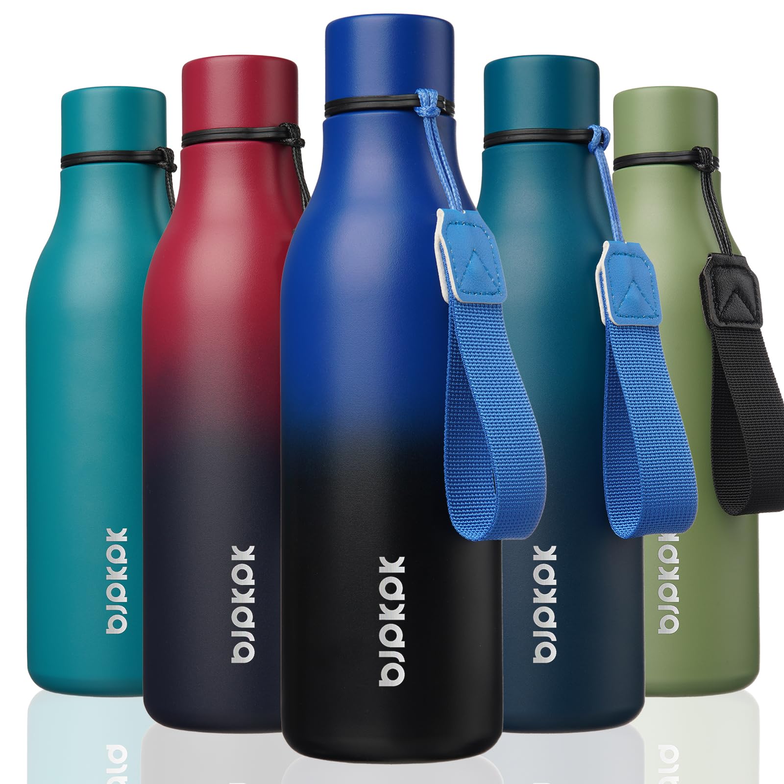 BJPKPK Insulated Water Bottles, 18 oz Stainless Steel Metal Water Bottle with Strap, BPA Free Leak Proof Jugs, Mugs, Flasks, Reusable Thermal Flasks for Sports& Travel, Blossom