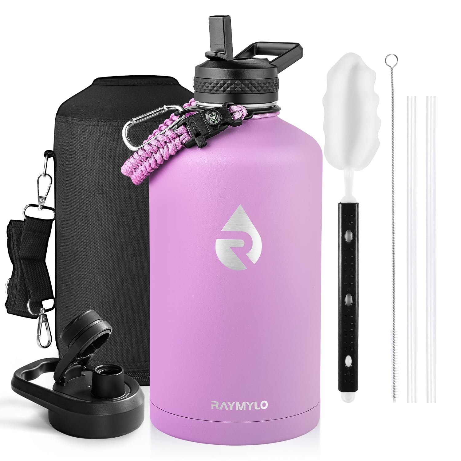 Insulated Water Bottle 64 oz, Triple Wall Vacuum Stainless Steel (Cold for 48 Hrs), Leak Proof & Non-BPA, Half Gallon Water Flask Jug with Paracord Handle & Straw Spout Lids