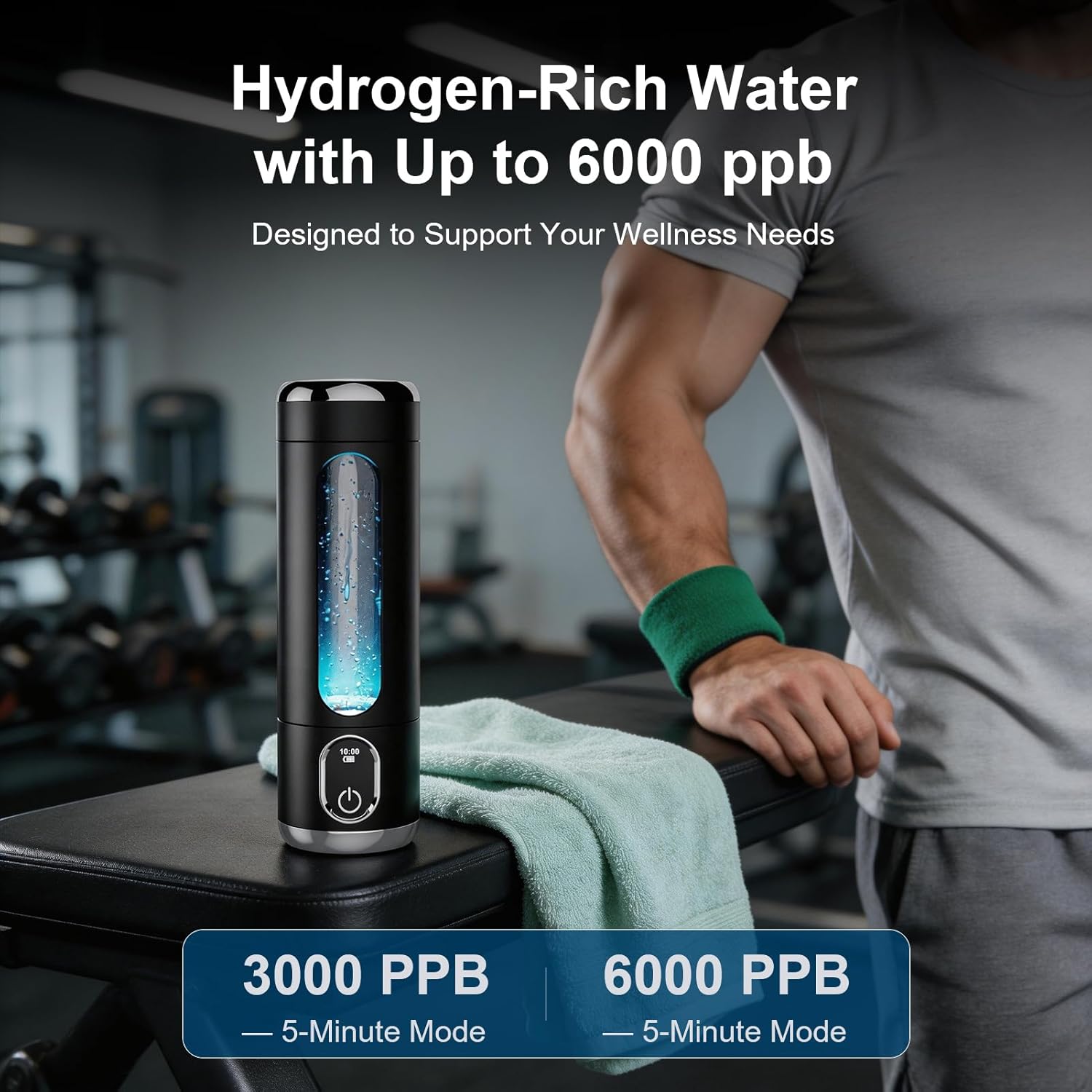 Portable Hydrogen Water Bottle Generator - Up to 6000 PPB H2 Molecular Hydrogen Infusion, SPE/PEM Technology Rechargeable Hydrogen Water Machine for Sports/Travel/Office/Gym - 8.8 oz (Black)