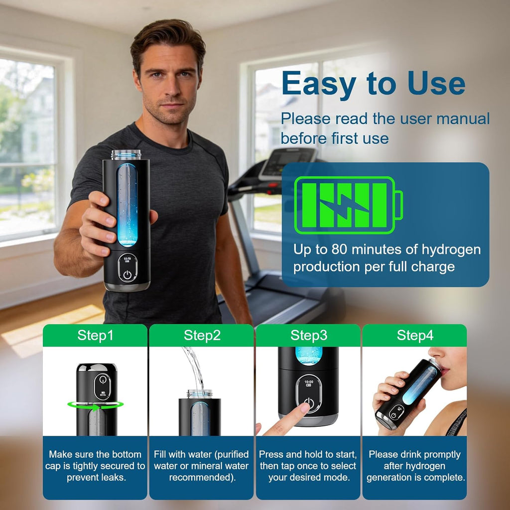 Portable Hydrogen Water Bottle Generator - Up to 6000 PPB H2 Molecular Hydrogen Infusion, SPE/PEM Technology Rechargeable Hydrogen Water Machine for Sports/Travel/Office/Gym - 8.8 oz (Black)