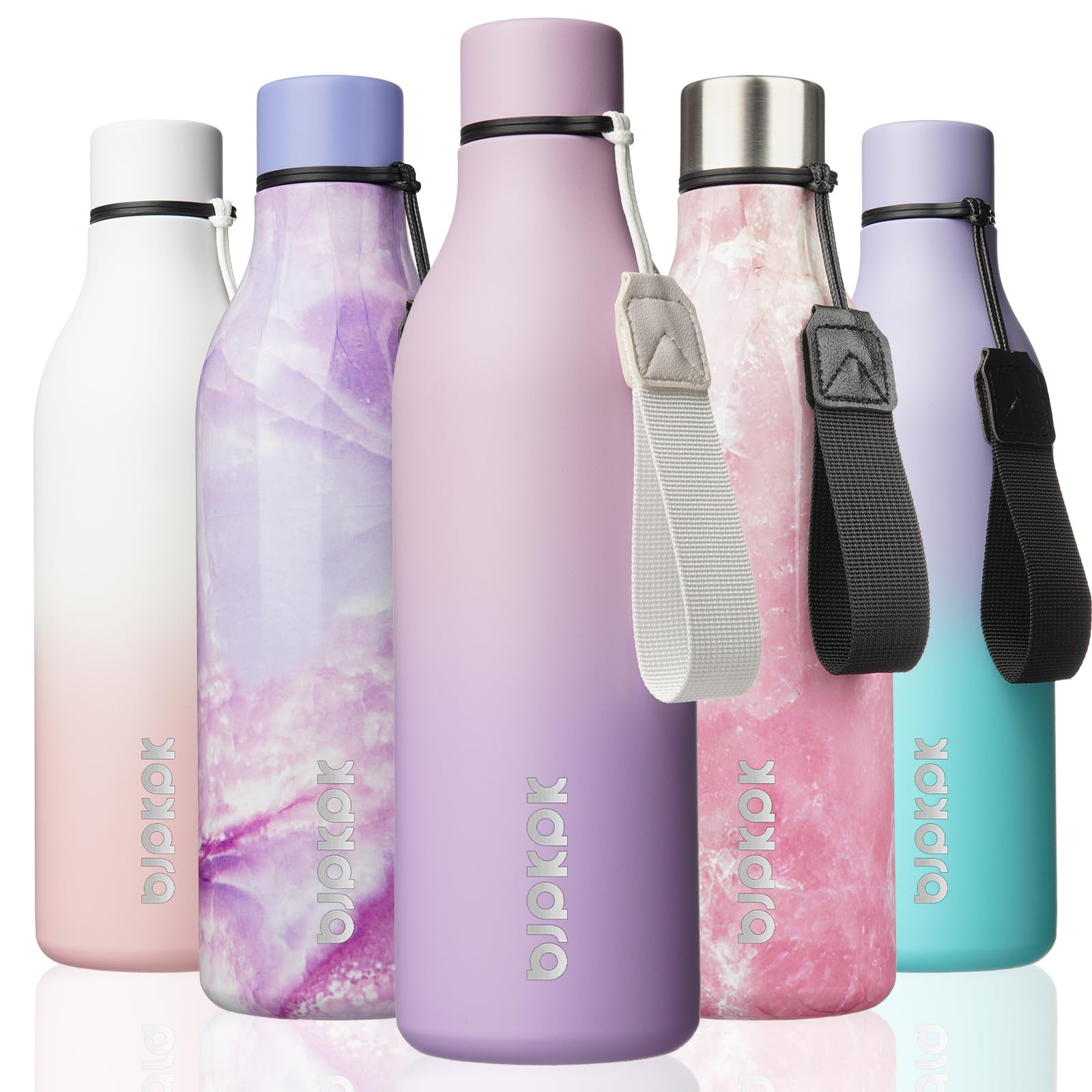 BJPKPK Insulated Water Bottles, 18 oz Stainless Steel Metal Water Bottle with Strap, BPA Free Leak Proof Jugs, Mugs, Flasks, Reusable Thermal Flasks for Sports& Travel, Blossom