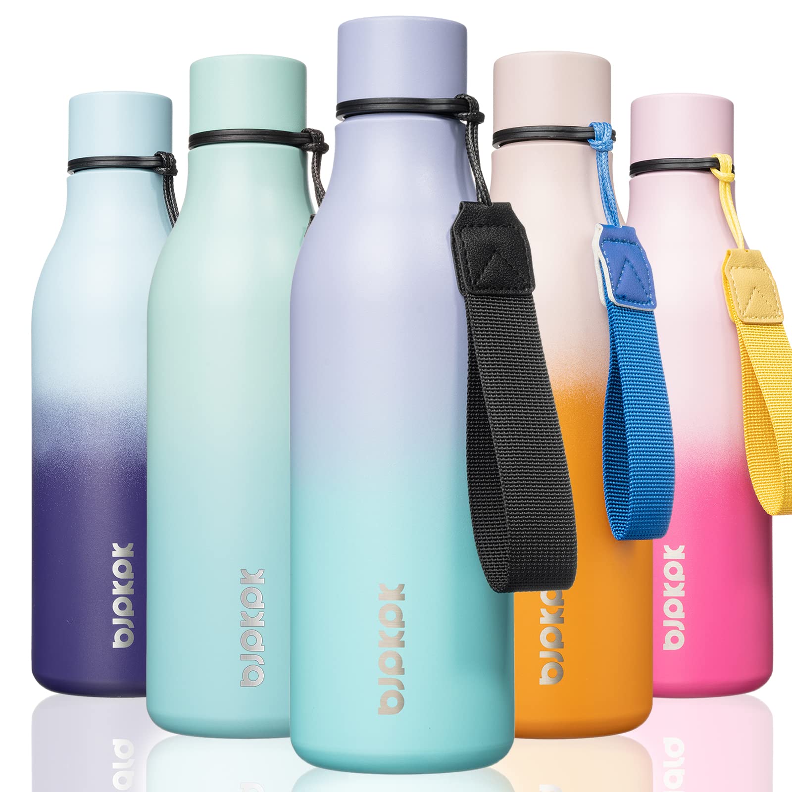 BJPKPK Insulated Water Bottles, 18 oz Stainless Steel Metal Water Bottle with Strap, BPA Free Leak Proof Jugs, Mugs, Flasks, Reusable Thermal Flasks for Sports& Travel, Blossom