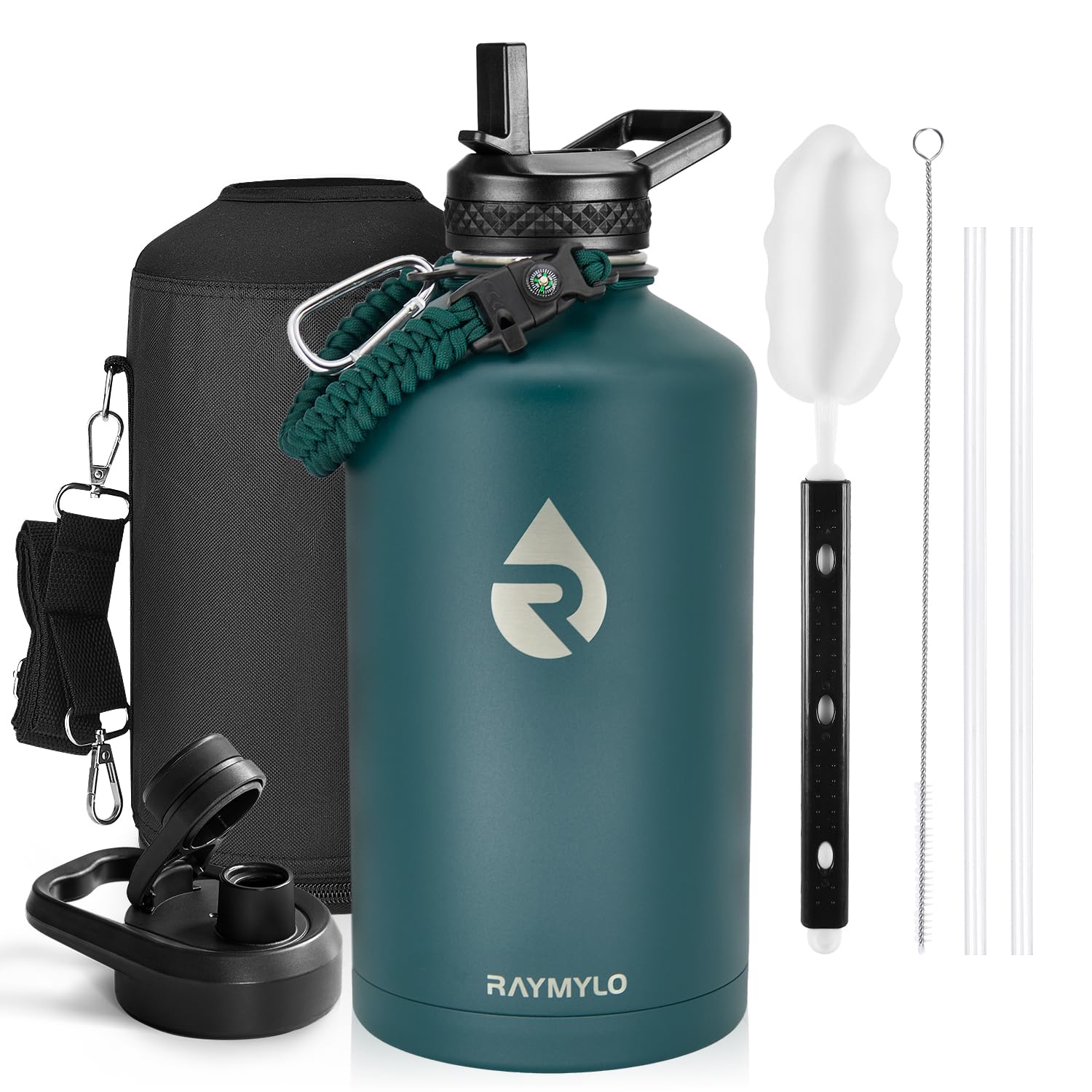Insulated Water Bottle 64 oz, Triple Wall Vacuum Stainless Steel (Cold for 48 Hrs), Leak Proof & Non-BPA, Half Gallon Water Flask Jug with Paracord Handle & Straw Spout Lids