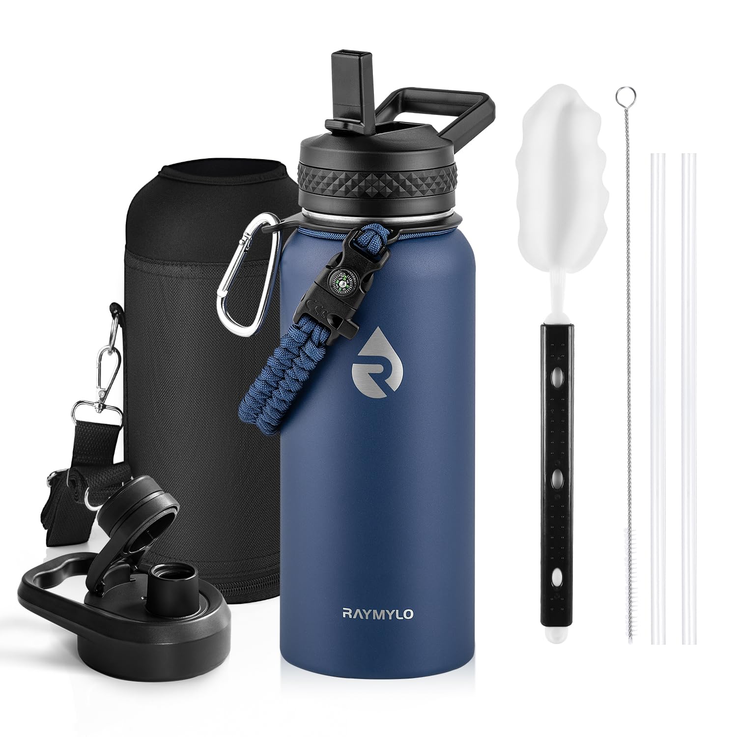 Insulated Water Bottle 64 oz, Triple Wall Vacuum Stainless Steel (Cold for 48 Hrs), Leak Proof & Non-BPA, Half Gallon Water Flask Jug with Paracord Handle & Straw Spout Lids