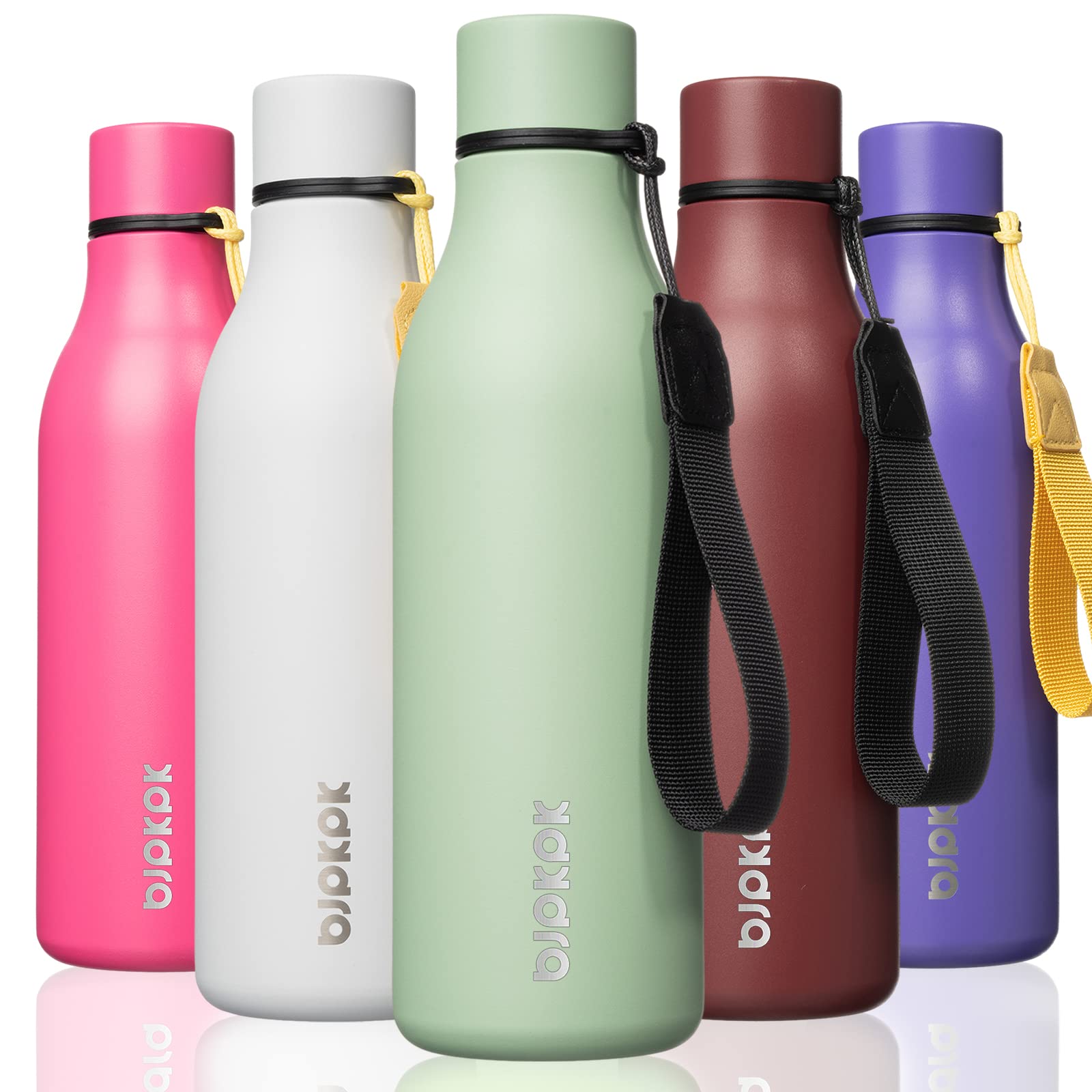 BJPKPK Insulated Water Bottles, 18 oz Stainless Steel Metal Water Bottle with Strap, BPA Free Leak Proof Jugs, Mugs, Flasks, Reusable Thermal Flasks for Sports& Travel, Blossom