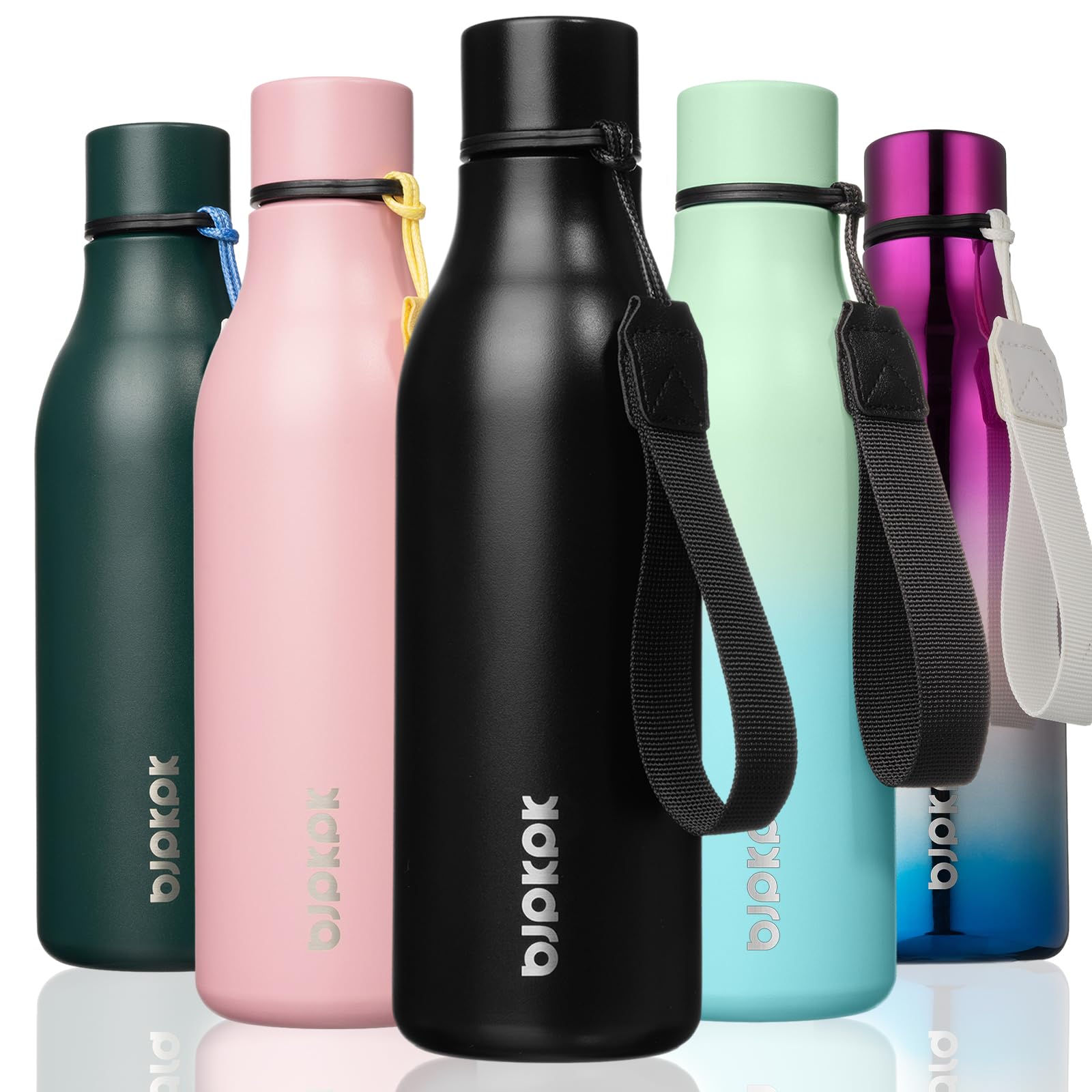 BJPKPK Insulated Water Bottles, 18 oz Stainless Steel Metal Water Bottle with Strap, BPA Free Leak Proof Jugs, Mugs, Flasks, Reusable Thermal Flasks for Sports& Travel, Blossom