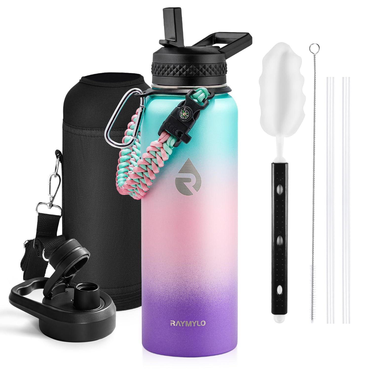 Insulated Water Bottle 64 oz, Triple Wall Vacuum Stainless Steel (Cold for 48 Hrs), Leak Proof & Non-BPA, Half Gallon Water Flask Jug with Paracord Handle & Straw Spout Lids