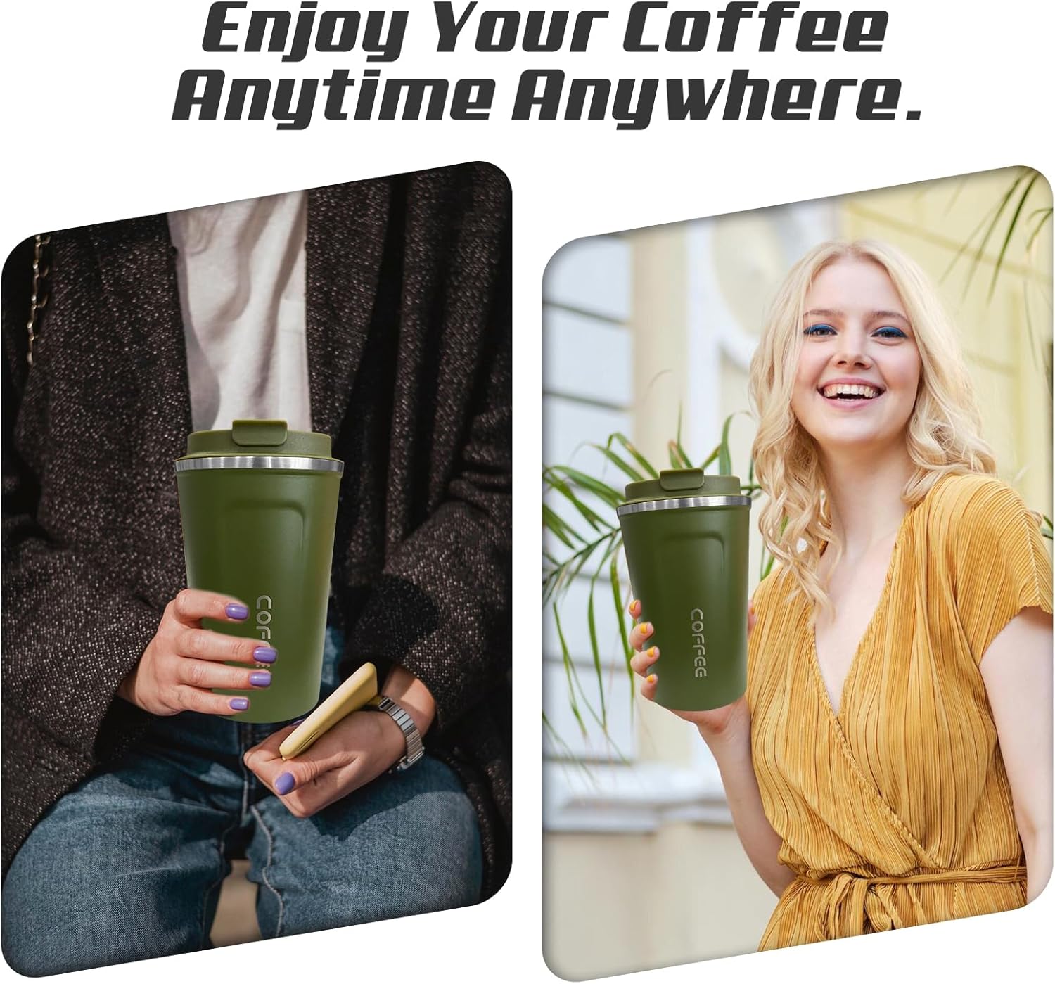 Travel coffee mugs leak-proof, reusable coffee cups with lids, stainless steel vacuum insulated coffee tumblers, thermal insulation cups for men & women keep drinks hot & cold(2nd-Green, 12OZ)