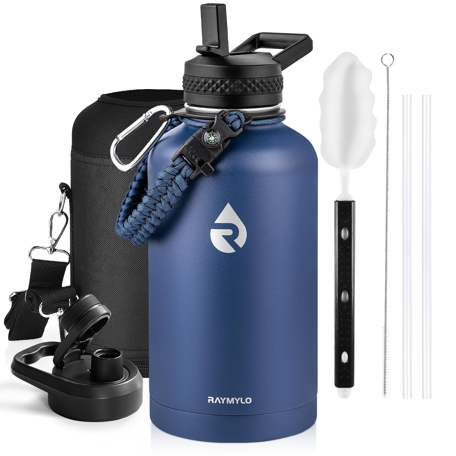 Insulated Water Bottle 64 oz, Triple Wall Vacuum Stainless Steel (Cold for 48 Hrs), Leak Proof & Non-BPA, Half Gallon Water Flask Jug with Paracord Handle & Straw Spout Lids
